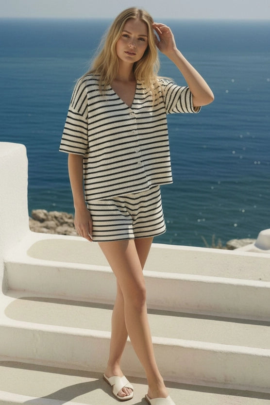 Striped Oversize Short Sleeve Button Down Top and Shorts