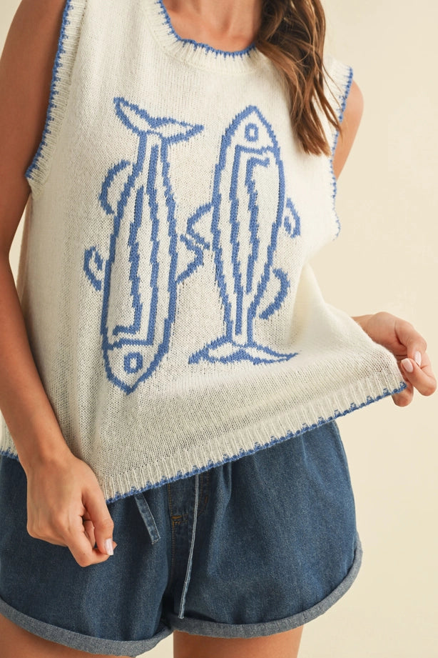 Fish Printed Sleeveless Sweater Top