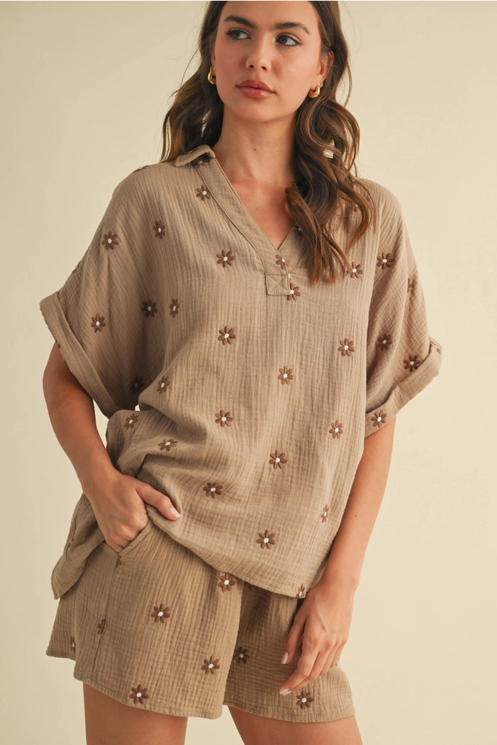 Flower Embroidered Shirt and Shorts Set