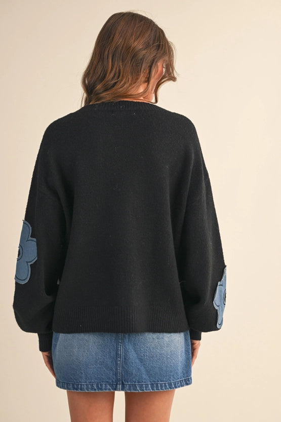 Denim Floral Contrast Knit Sweater Top