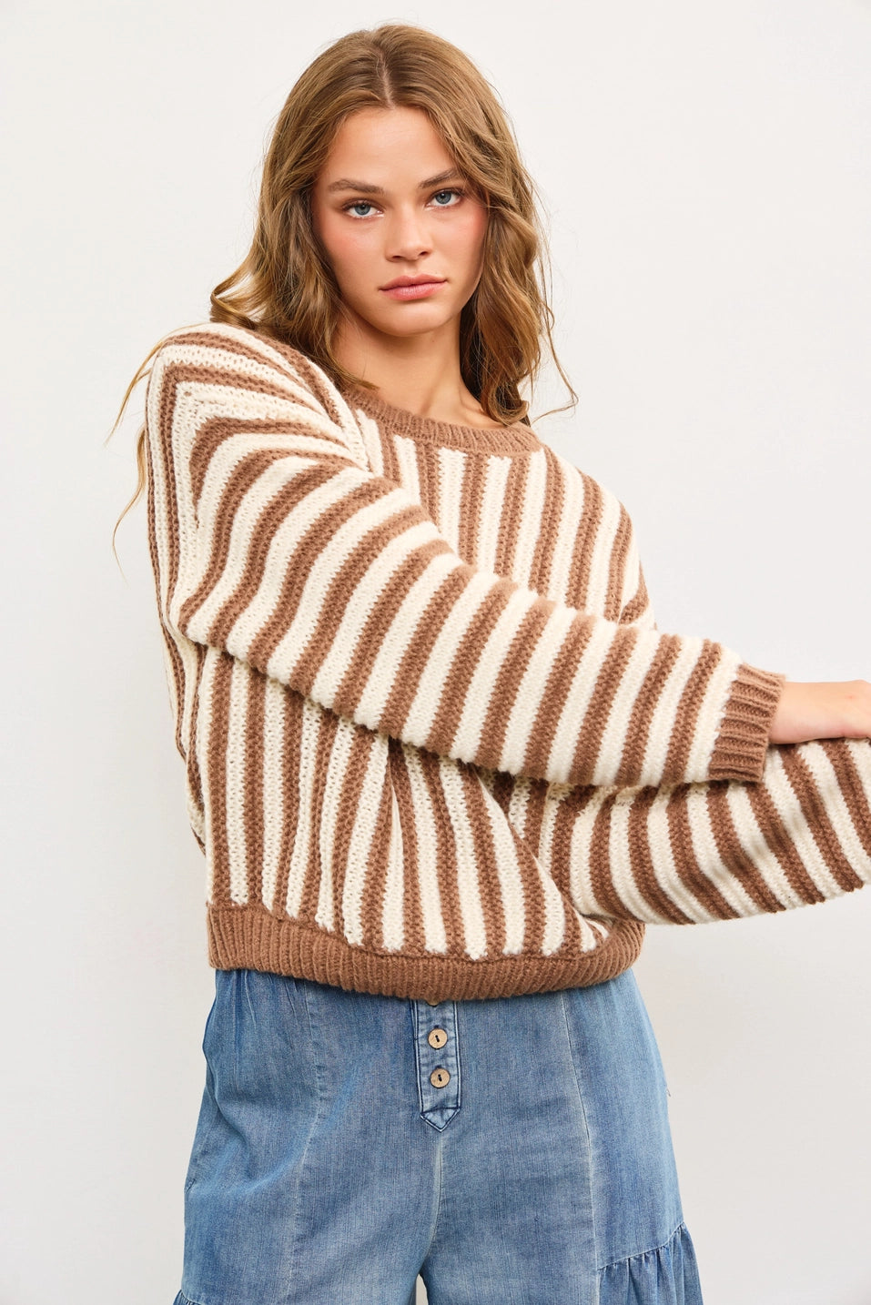 Oversized Crew Neck Striped Heavy Sweater Top