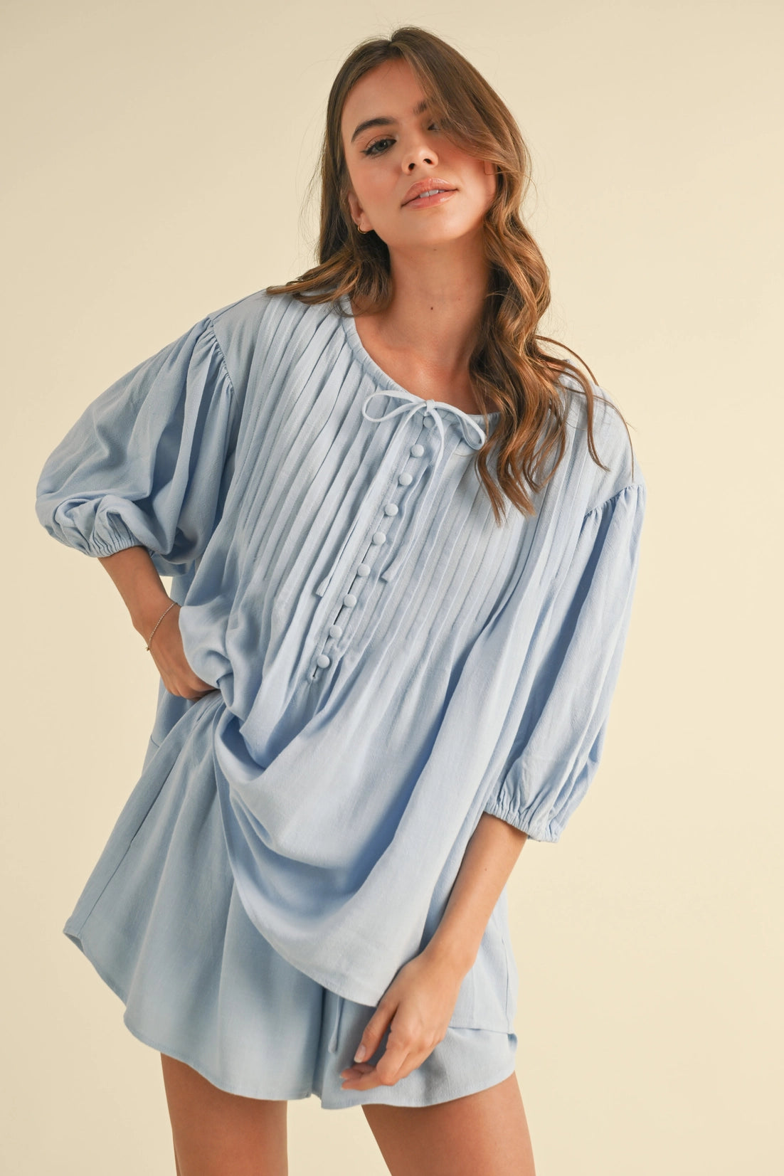 Pin Tuck Balloon Sleeve Tunic Top and Shorts Set