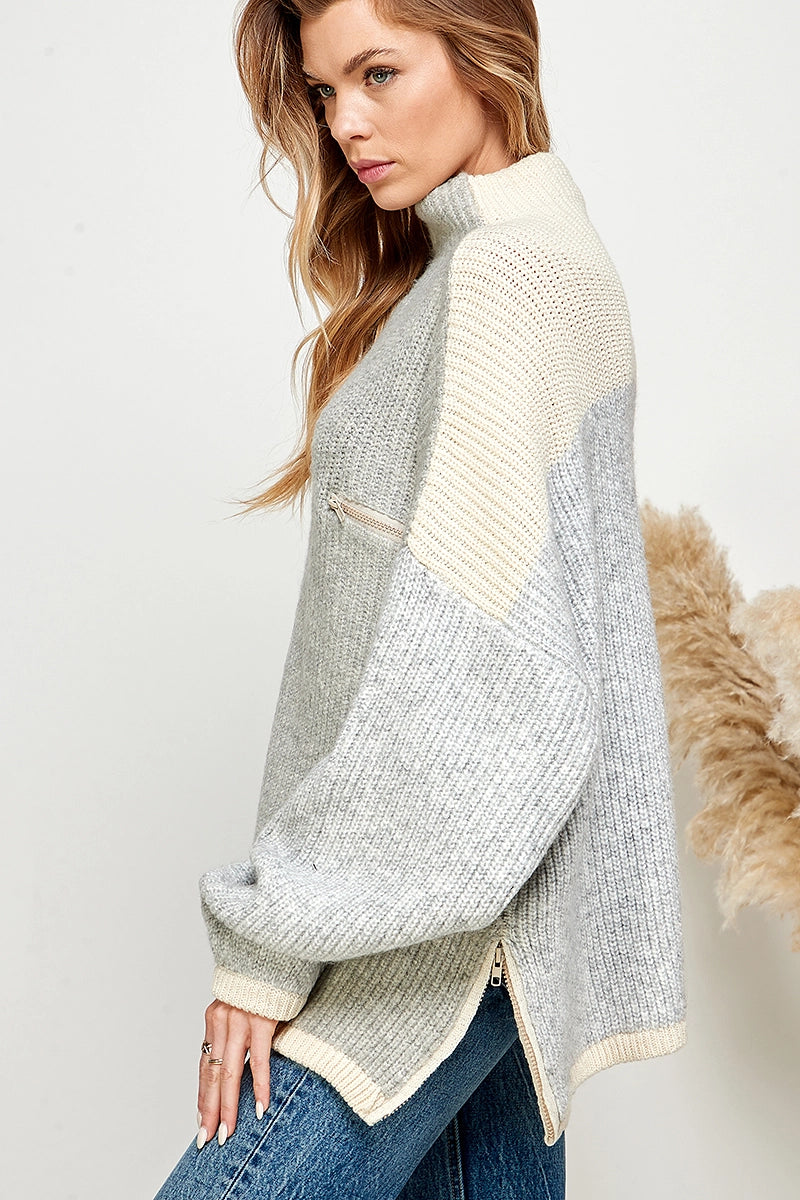 Color Block Zipper Detailed Oversize Sweater