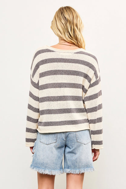 Boat Neck Striped Texture Knit Sweater