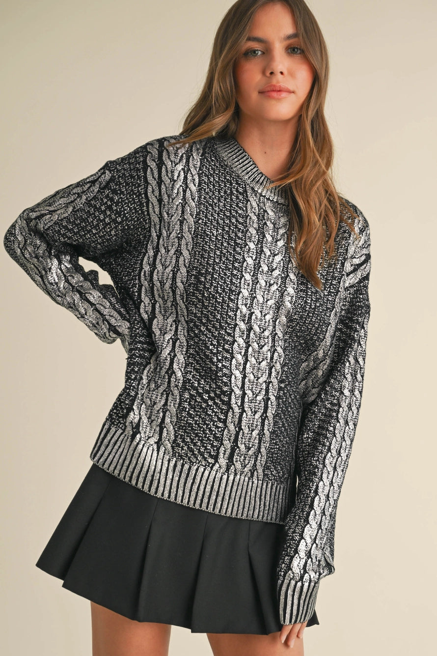 Metallic Foil Cable Knit Sweater Top