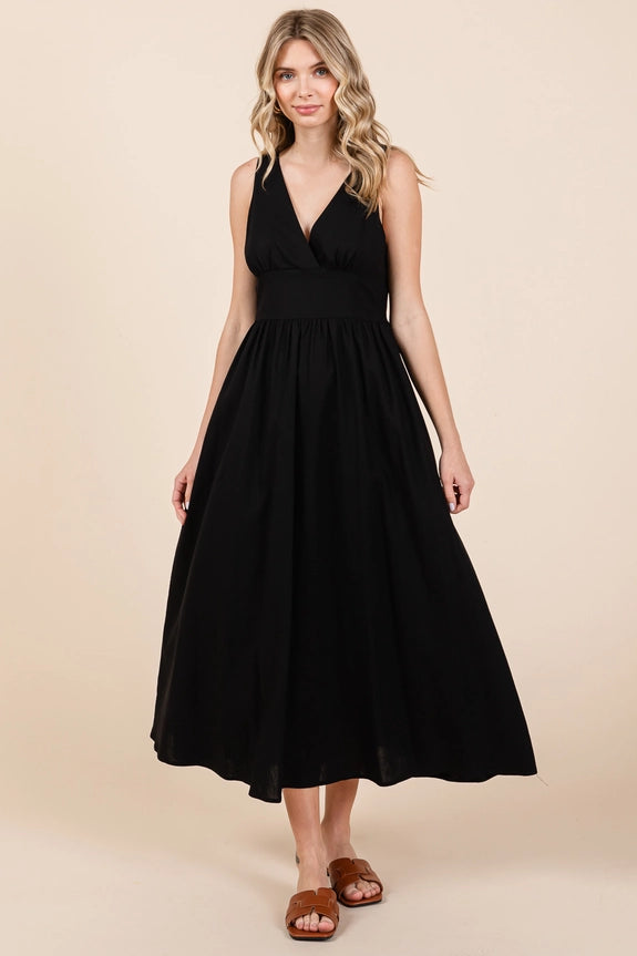 Linen Empire Waist Sleeveless Midi Dress Black / S Linen Empire Waist Sleeveless Midi Dress Black / S