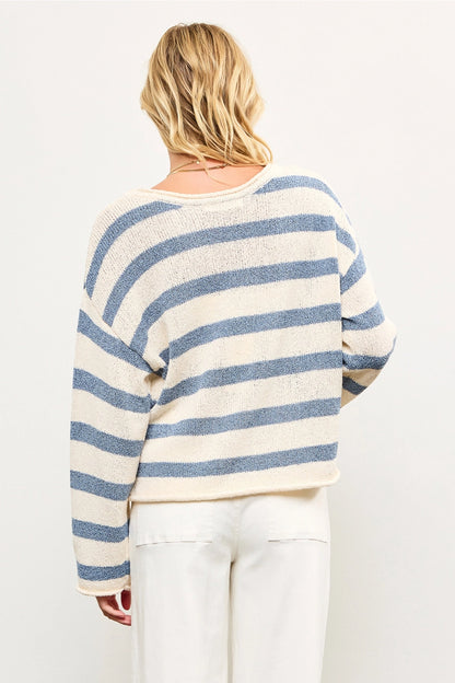 Boat Neck Striped Texture Knit Sweater