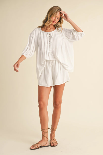 Pin Tuck Balloon Sleeve Tunic Top and Shorts Set