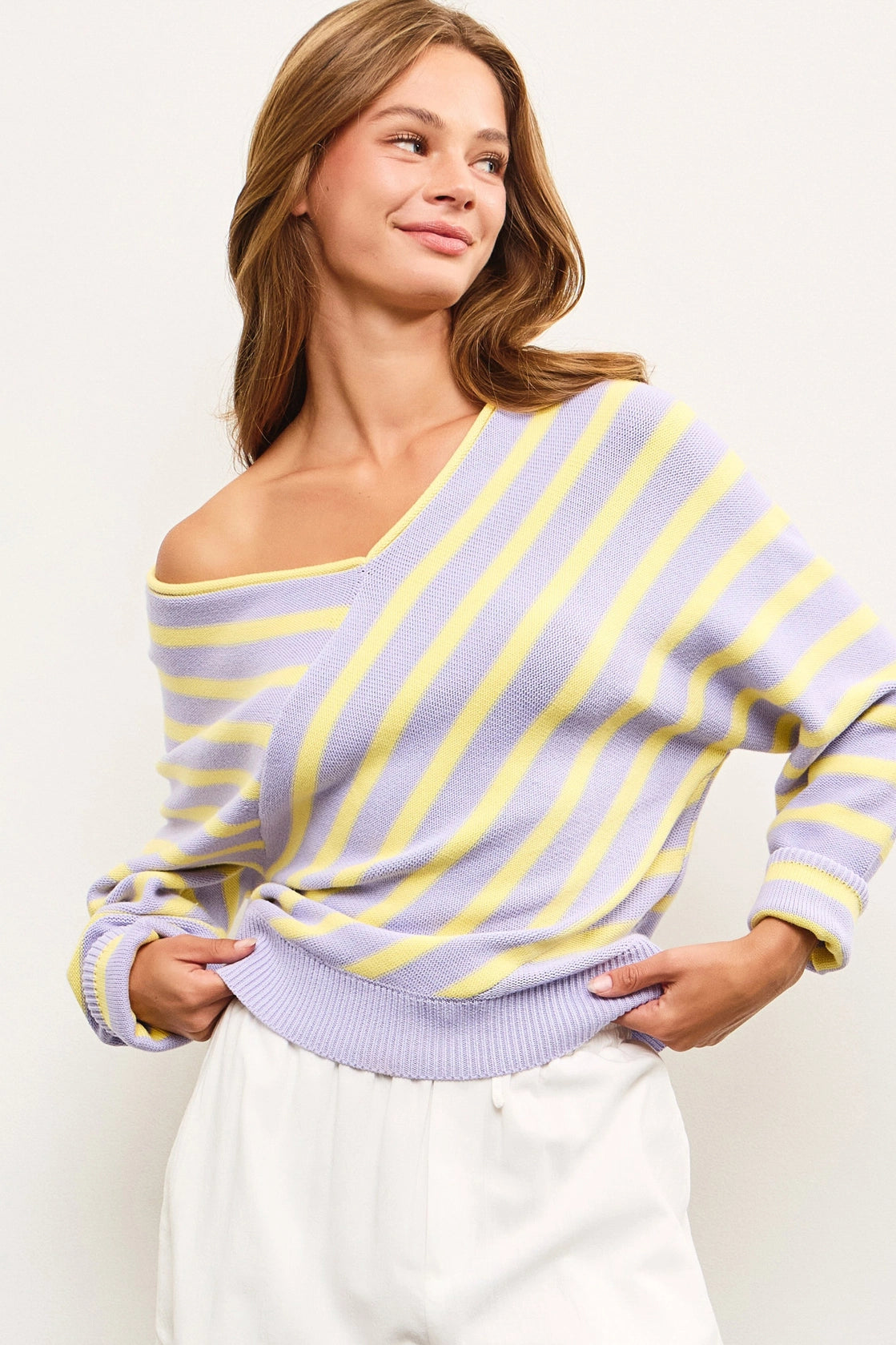 Cross Stripe V Neck Sweater Top