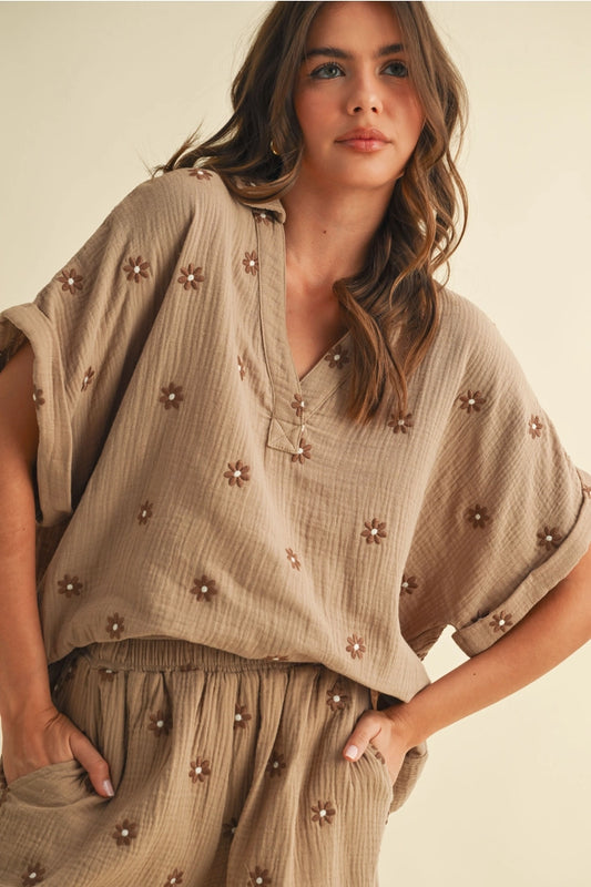 Flower Embroidered Shirt and Shorts Set