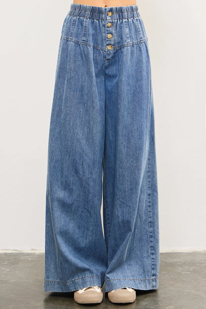 York Front Button Closure Banded Denim Pants