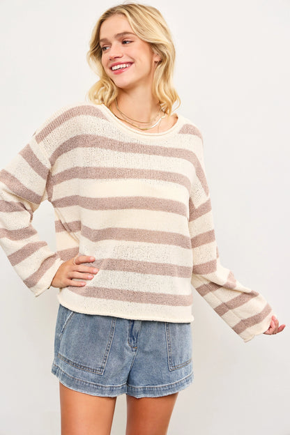 Boat Neck Striped Texture Knit Sweater