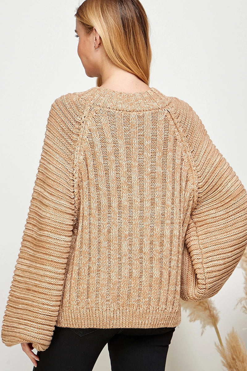 Ribbed Knit Puff Sleeve Pullover Sweater