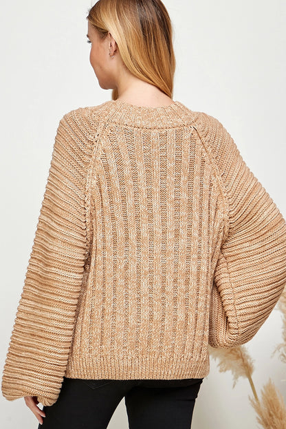 Ribbed Knit Puff Sleeve Pullover Sweater