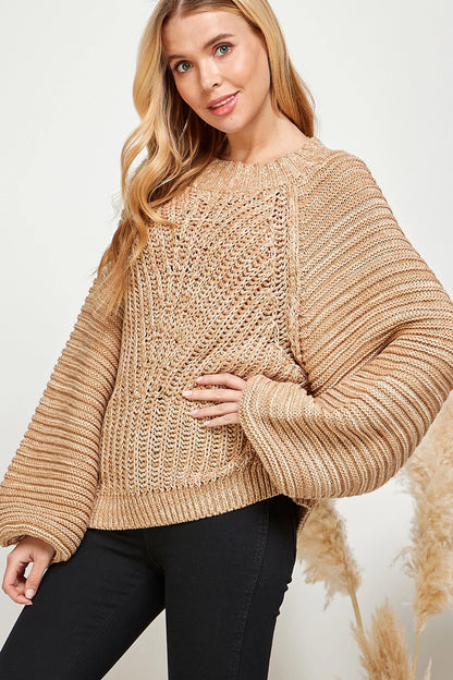 Ribbed Knit Puff Sleeve Pullover Sweater