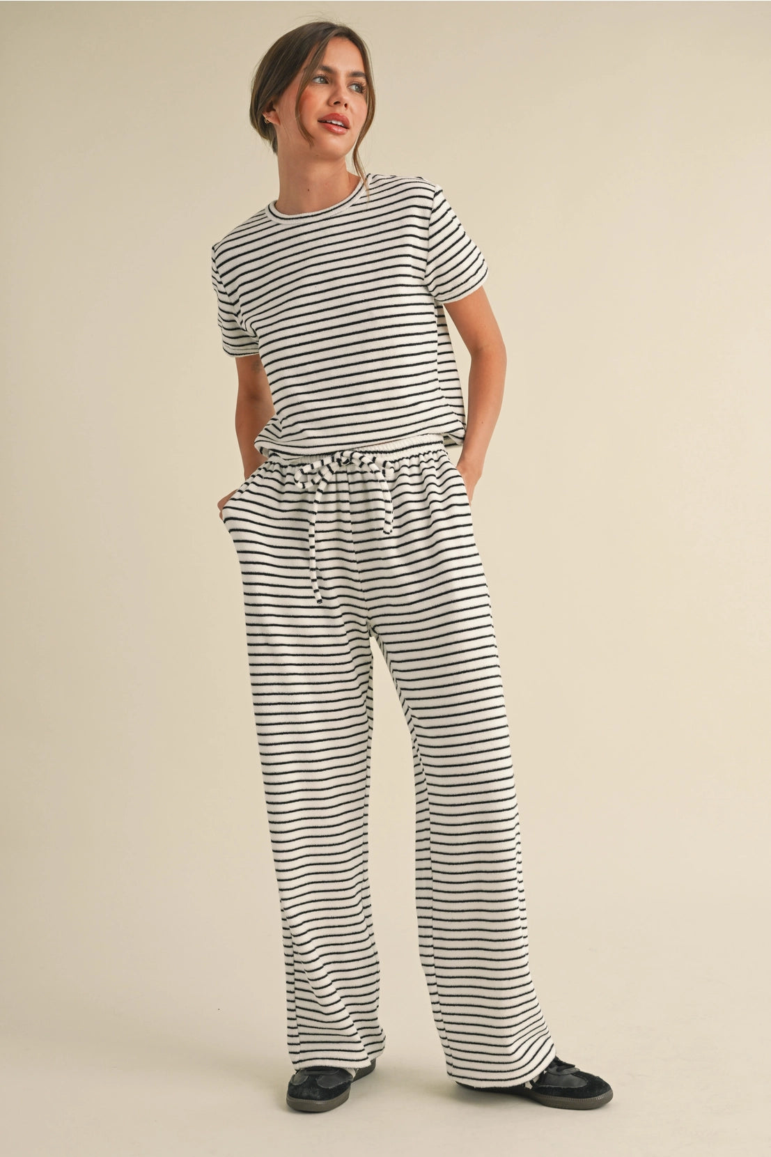 Striped Terry Cloth Top and Pants Two Piece Set