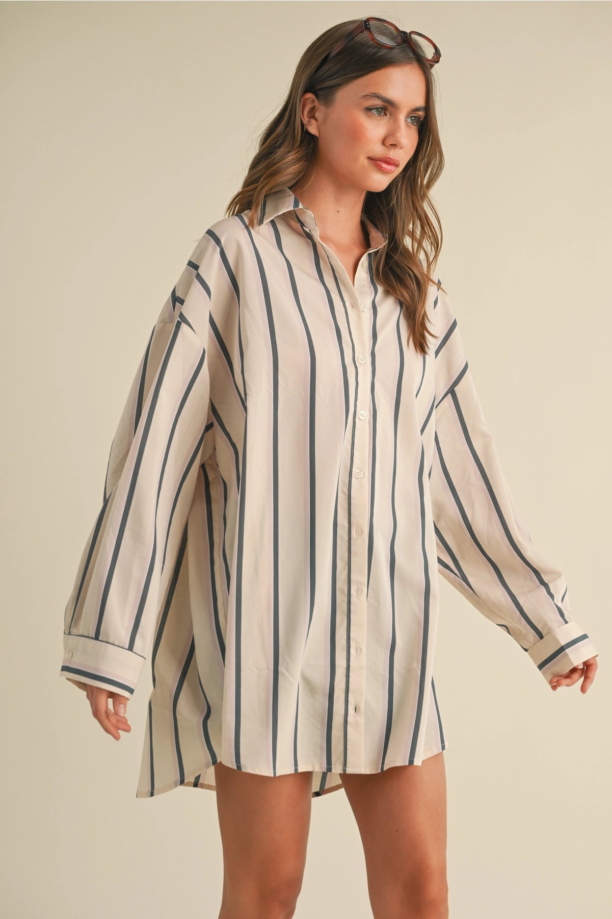 Oversized Striped Button Down Shirt Dress