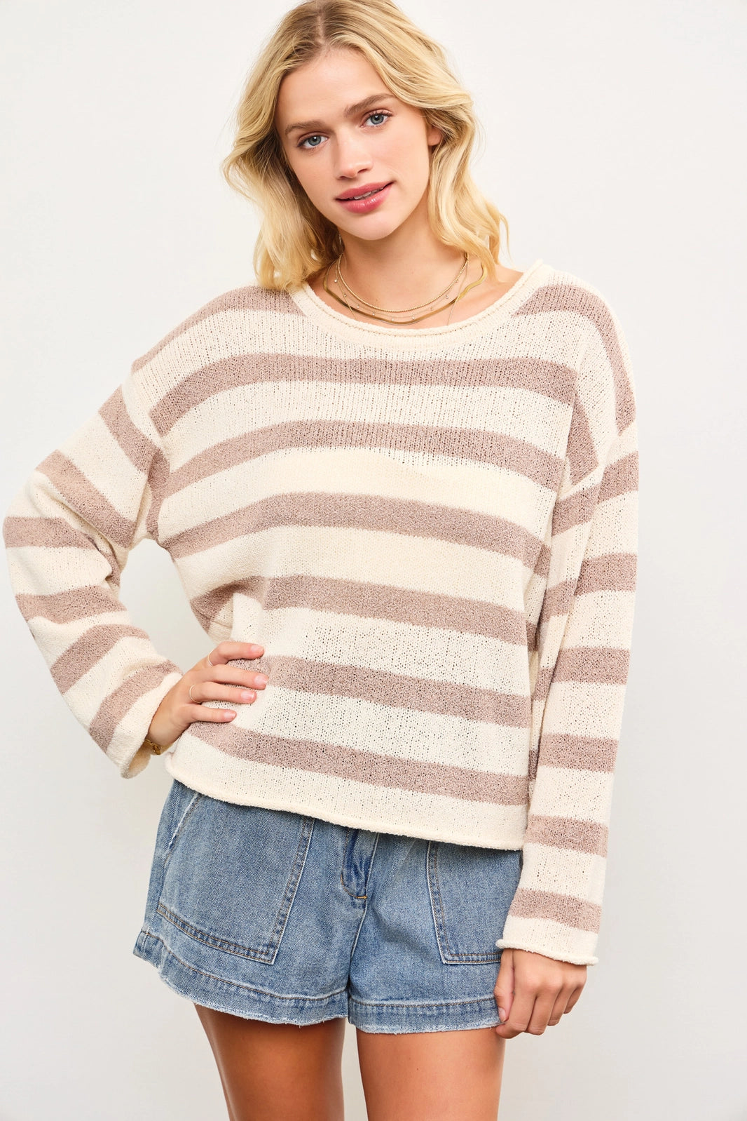 Boat Neck Striped Texture Knit Sweater