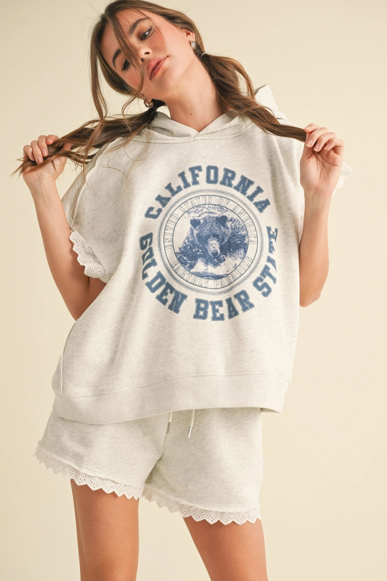 Hoodie Short Sleeve Lace Trim Pullover and Shorts Set