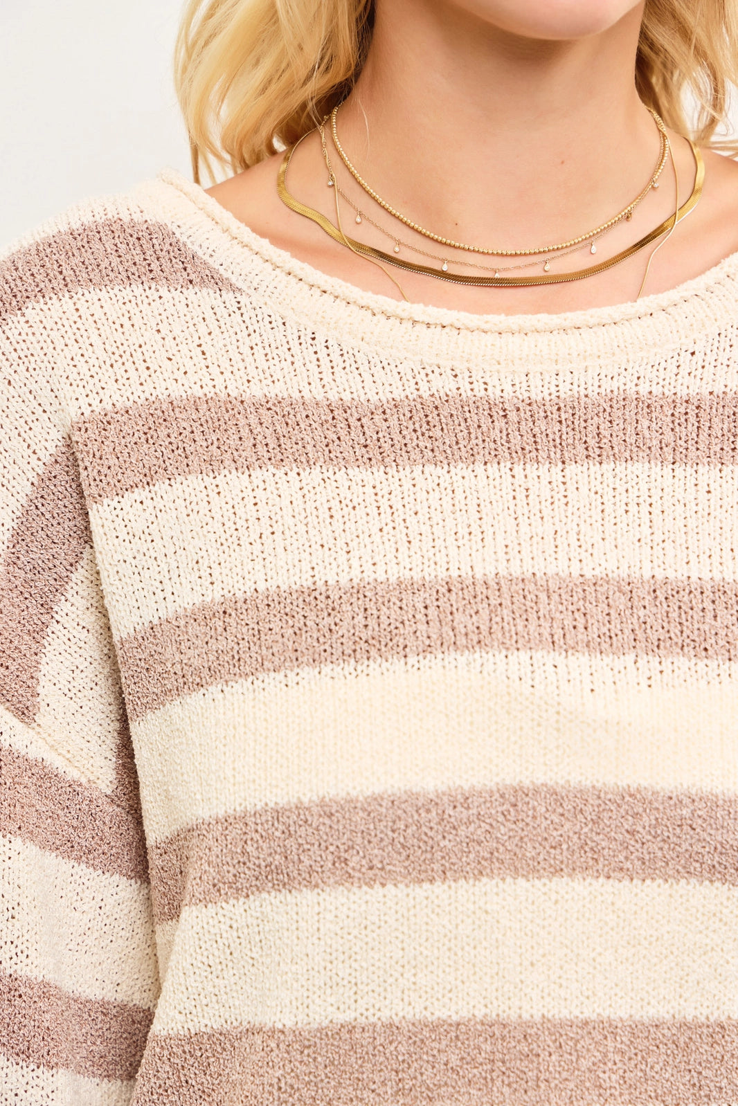 Boat Neck Striped Texture Knit Sweater