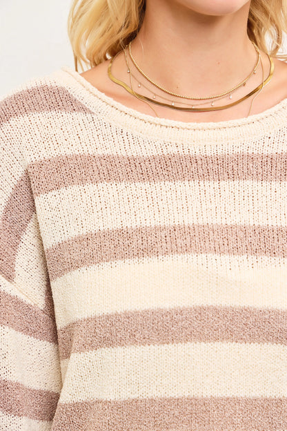 Boat Neck Striped Texture Knit Sweater