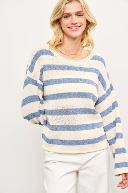 Boat Neck Striped Texture Knit Sweater