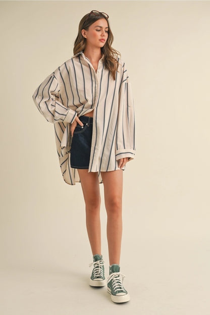 Oversized Striped Button Down Shirt Dress