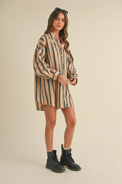 Oversized Striped Button Down Shirt Dress