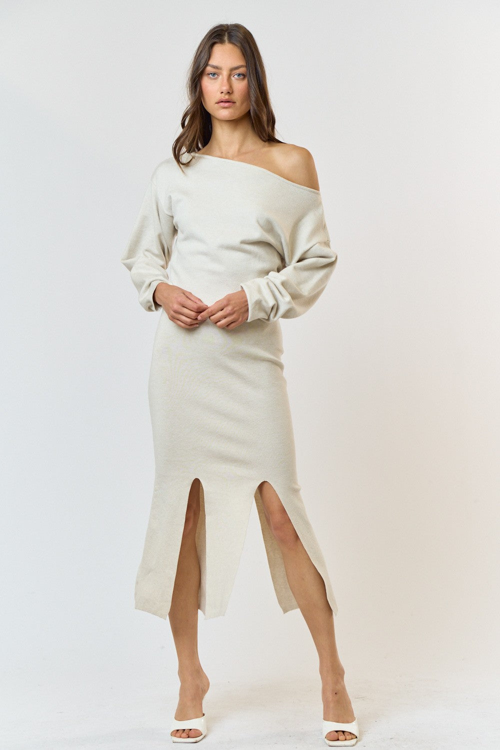 Bottom Slit Boat Neck Sweater Midi Dress