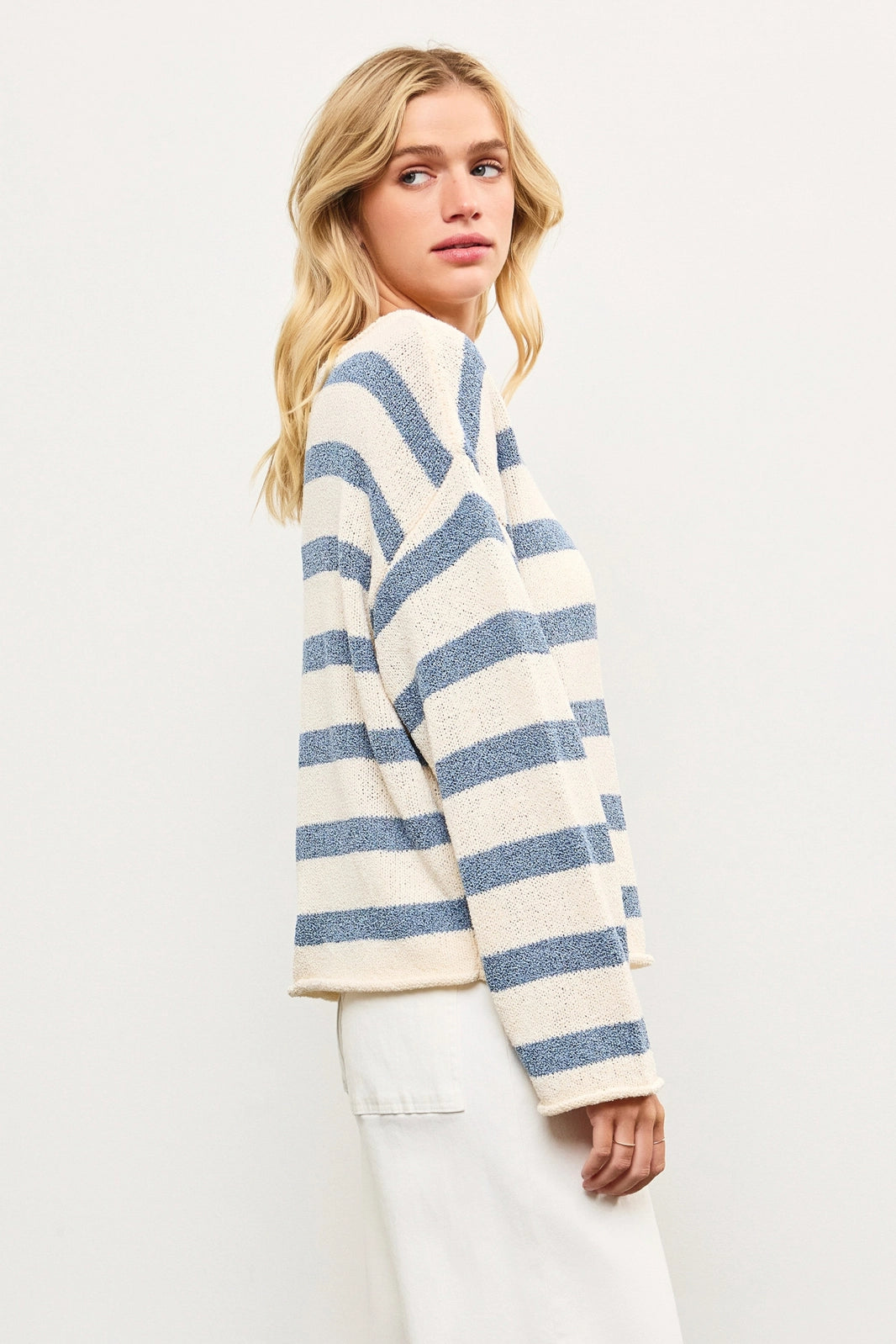 Boat Neck Striped Texture Knit Sweater