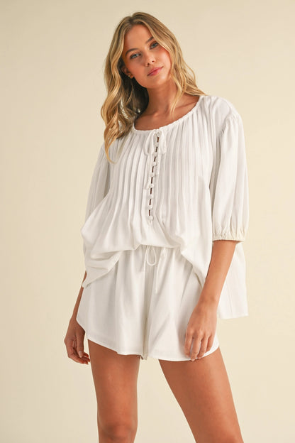 Pin Tuck Balloon Sleeve Tunic Top and Shorts Set