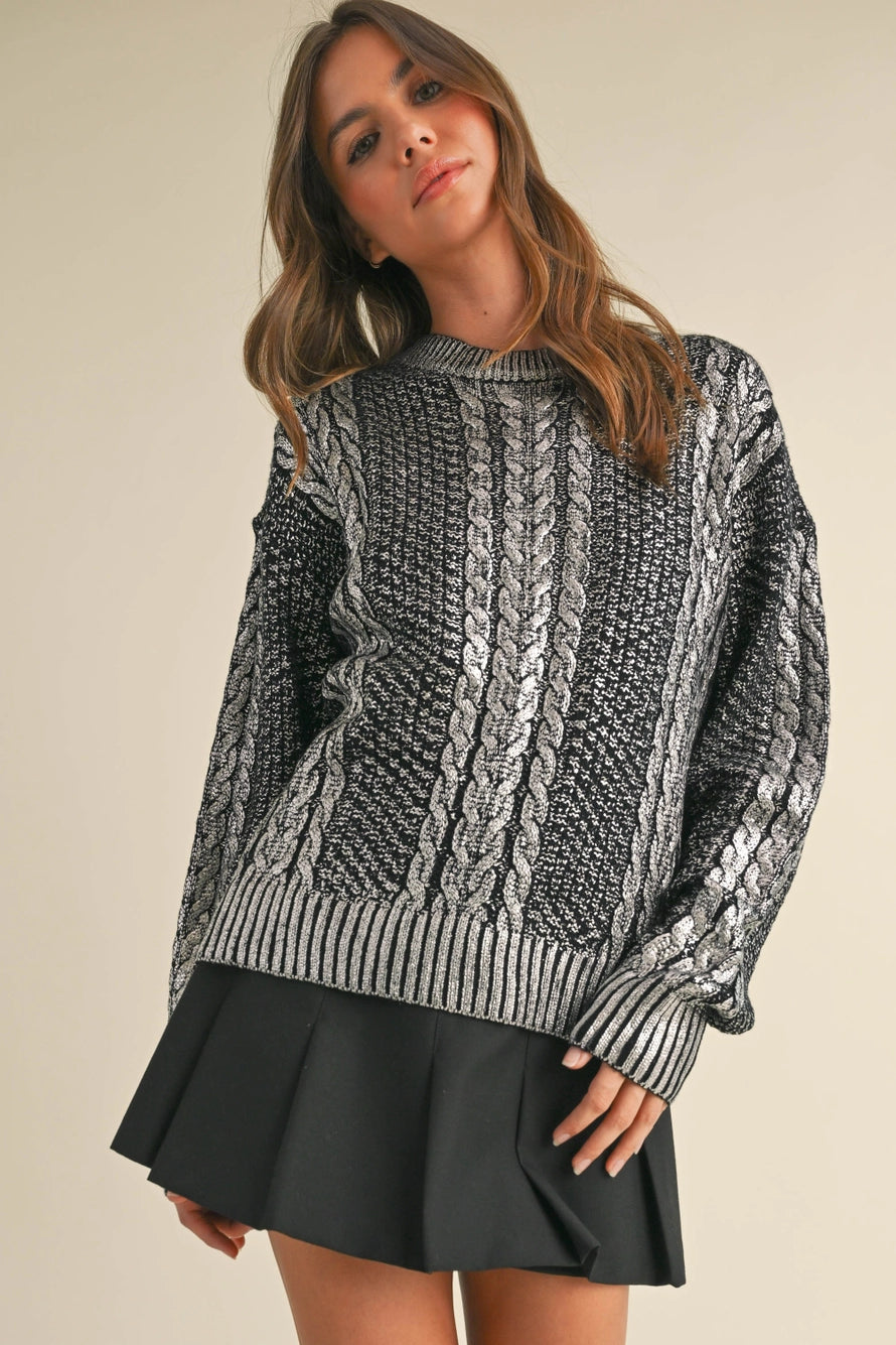 Metallic Foil Cable Knit Sweater Top