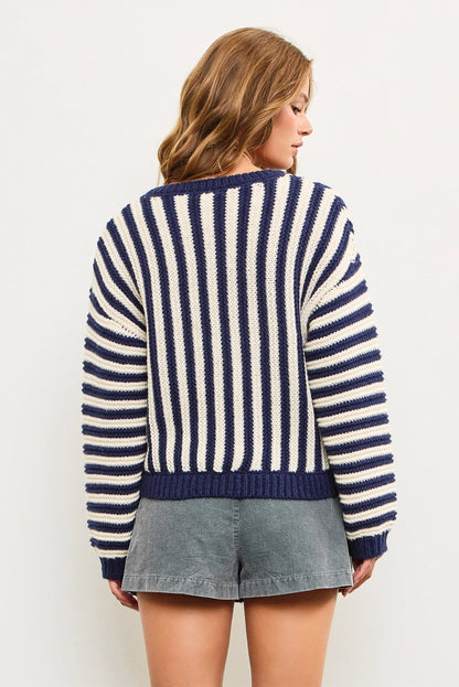 Oversized Crew Neck Striped Heavy Sweater Top