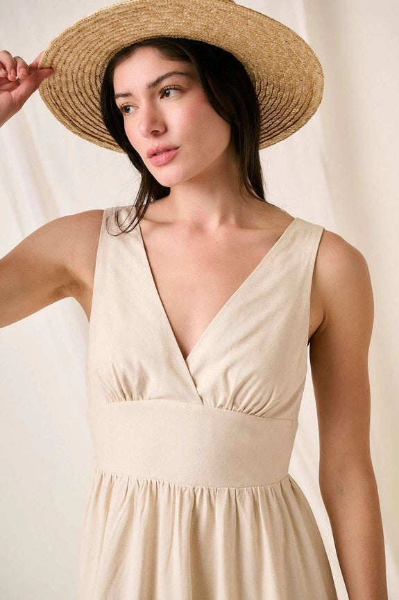 Linen Empire Waist Sleeveless Midi Dress Linen / L Linen Empire Waist Sleeveless Midi Dress Linen / L
