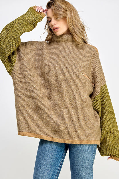 Color Block Zipper Detailed Oversize Sweater