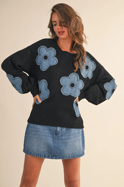 Denim Floral Contrast Knit Sweater Top
