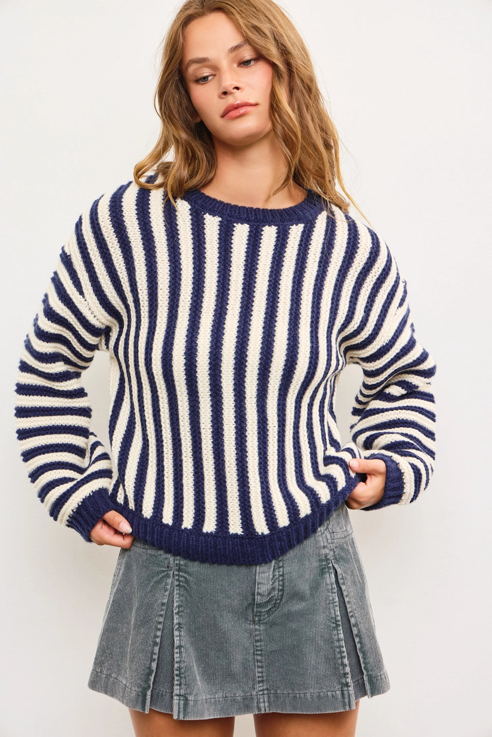 Oversized Crew Neck Striped Heavy Sweater Top