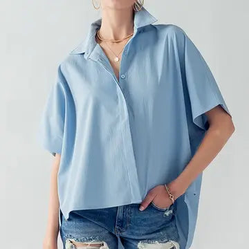 Relaxed Fit Hidden Placket Short Sleeve Shirt