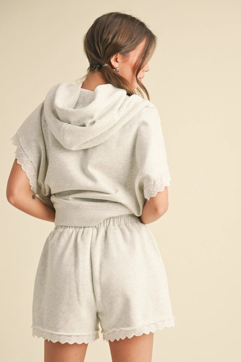 Hoodie Short Sleeve Lace Trim Pullover and Shorts Set