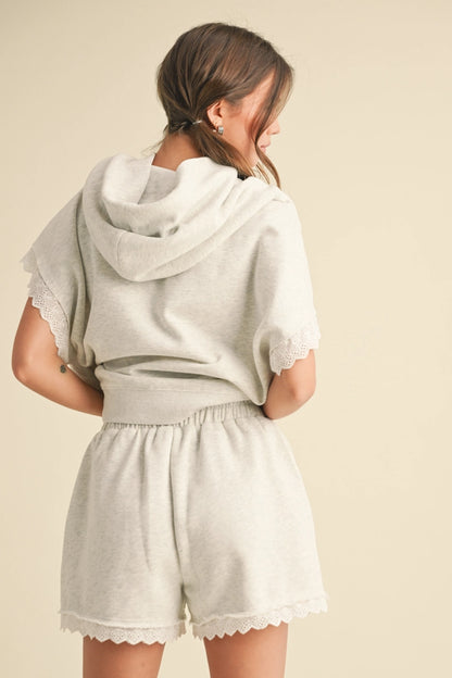 Hoodie Short Sleeve Lace Trim Pullover and Shorts Set