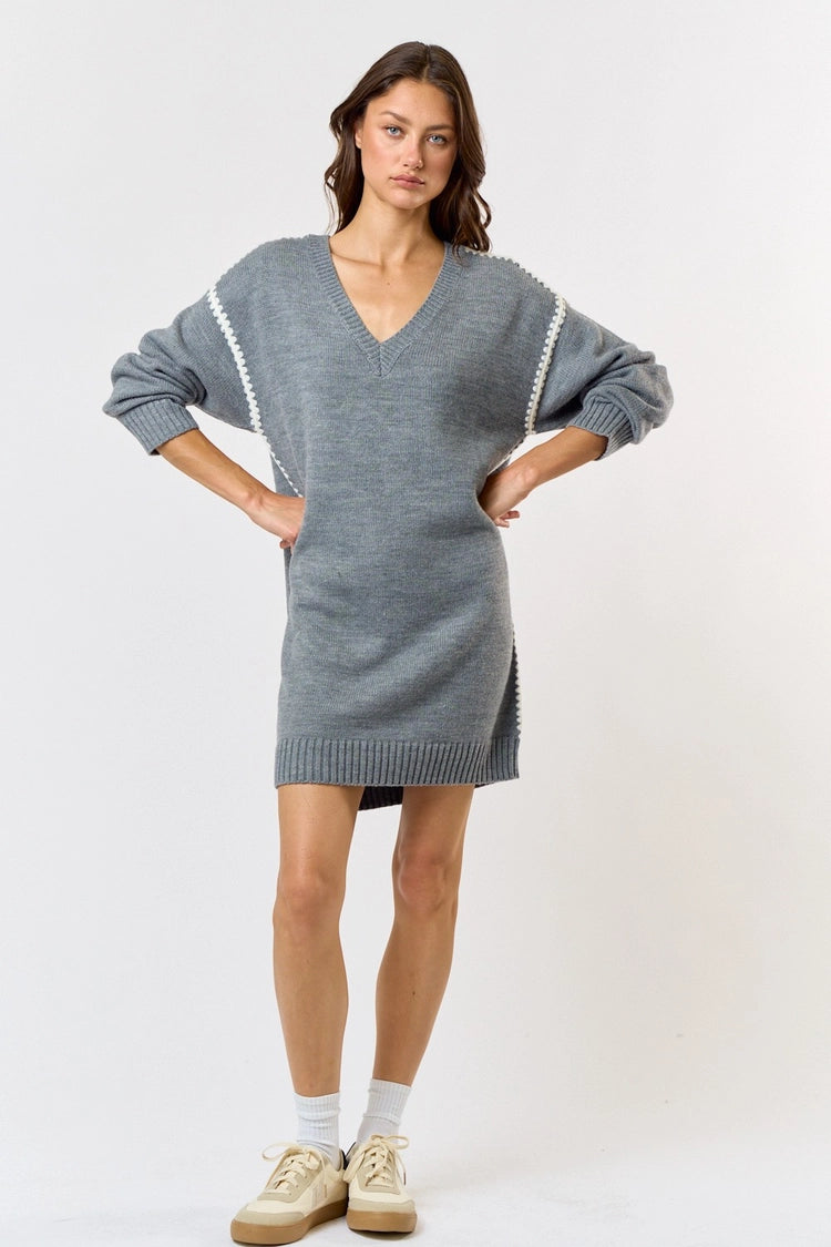 Contrast Overlock Stitch Sweater Mini Dress