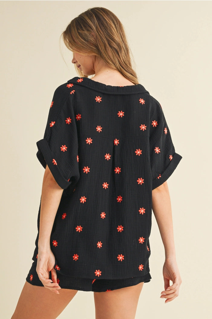 Flower Embroidered Shirt and Shorts Set