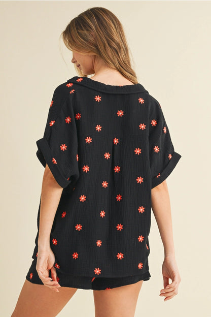 Flower Embroidered Shirt and Shorts Set