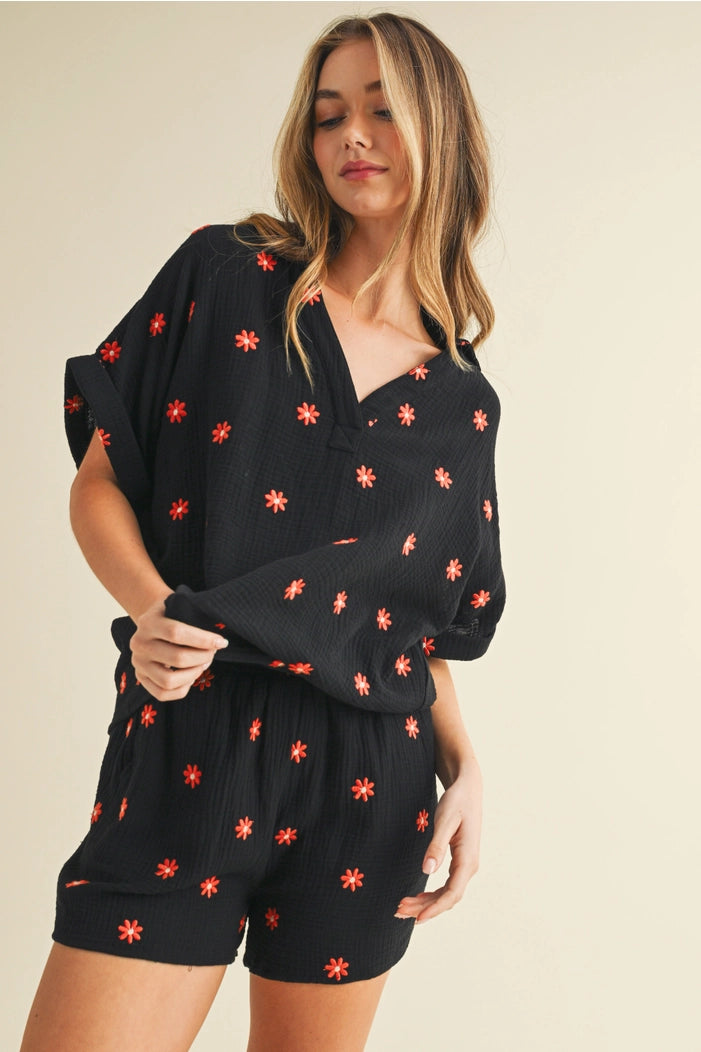 Flower Embroidered Shirt and Shorts Set