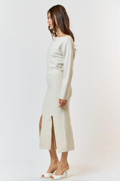 Bottom Slit Boat Neck Sweater Midi Dress