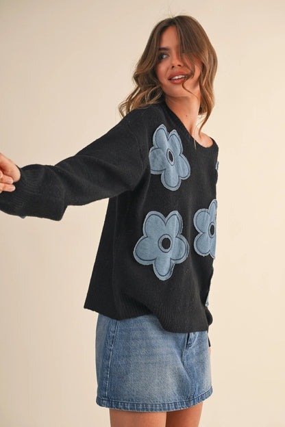 Denim Floral Contrast Knit Sweater Top