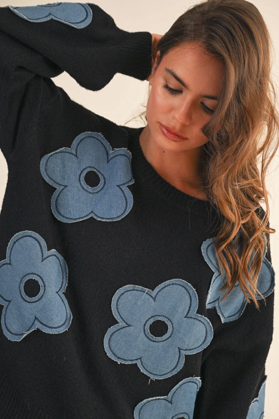 Denim Floral Contrast Knit Sweater Top