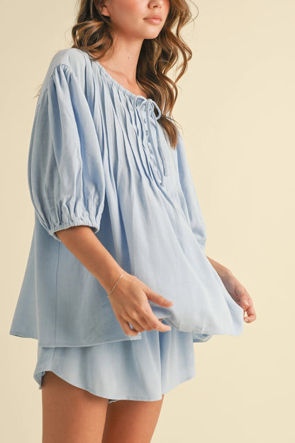 Pin Tuck Balloon Sleeve Tunic Top and Shorts Set