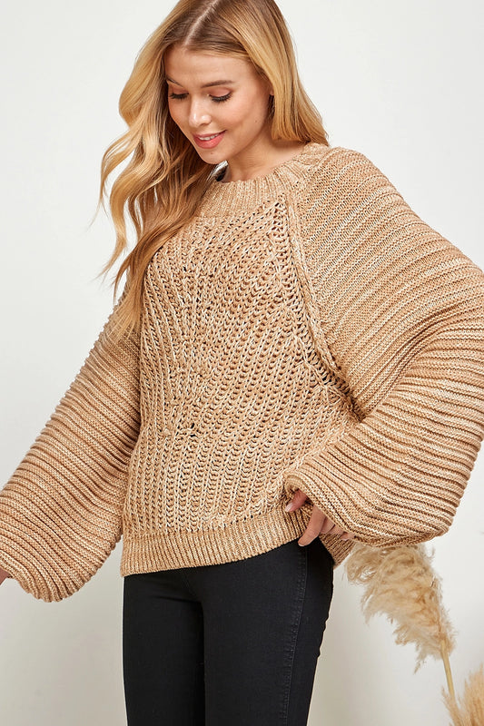 Ribbed Knit Puff Sleeve Pullover Sweater