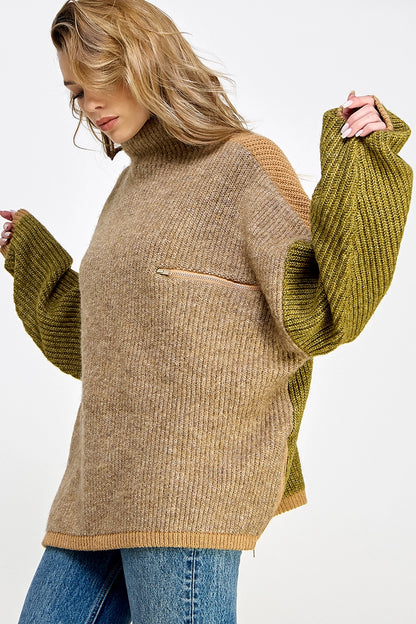 Color Block Zipper Detailed Oversize Sweater